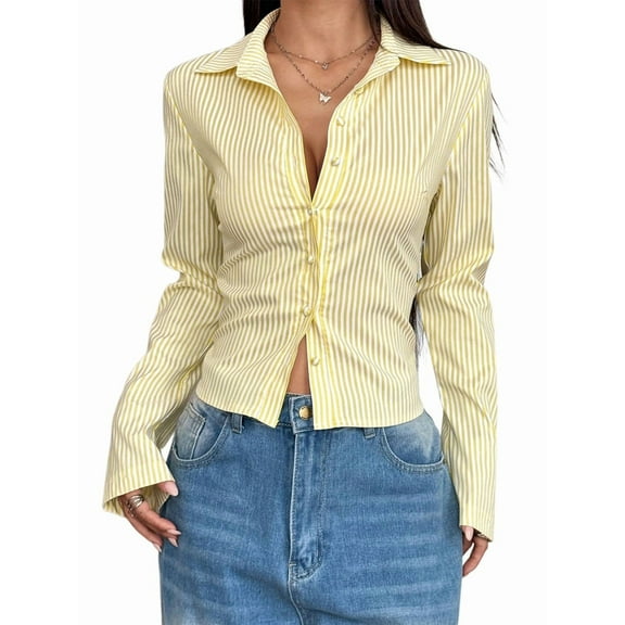 Women'S Striped Button Down Crop Shirt Long Sleeve Fitted Blouse Work Shirt Top Light Yellow XL