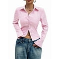 thumbnail image 1 of Women'S Striped Button Down Crop Shirt Long Sleeve Fitted Blouse Work Shirt Top Pink XXL, 1 of 7