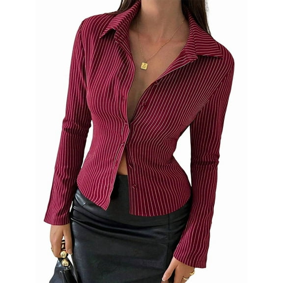 Women'S Striped Button Down Crop Shirt Long Sleeve Fitted Blouse Work Shirt Top Wine Red M