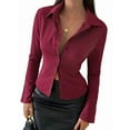 thumbnail image 1 of Women'S Striped Button Down Crop Shirt Long Sleeve Fitted Blouse Work Shirt Top Wine Red XL, 1 of 6