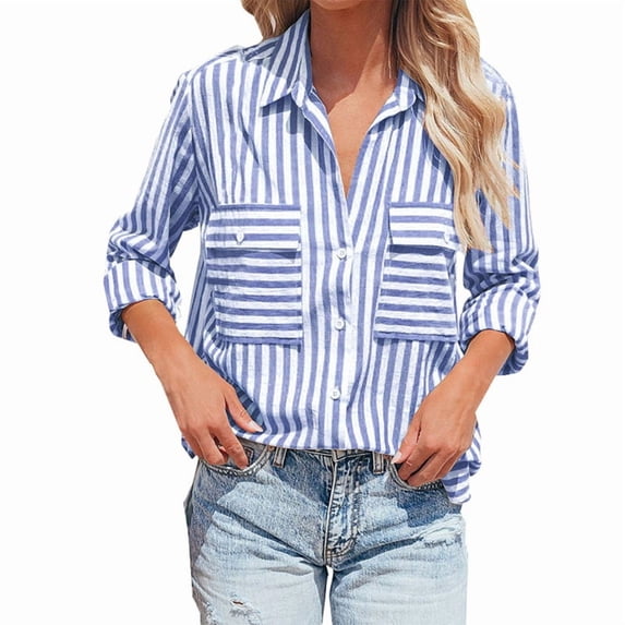 Women'S Striped Button Down Shirts Casual Long Sleeve Stylish V Neck Blouses Tops with Pockets Royal Blue M