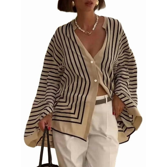 Women'S Striped Button Down Shirts Casual Loose Long Sleeve Stylish Stand Collar Blouses Tops Black L