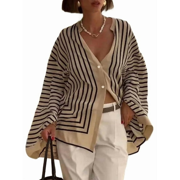 Women'S Striped Button Down Shirts Casual Loose Long Sleeve Stylish Stand Collar Blouses Tops Black M