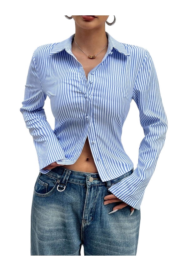 Women'S Striped Button Down Slim Fit Shirt Long Sleeve Collar Blouse Tops Light Blue XL