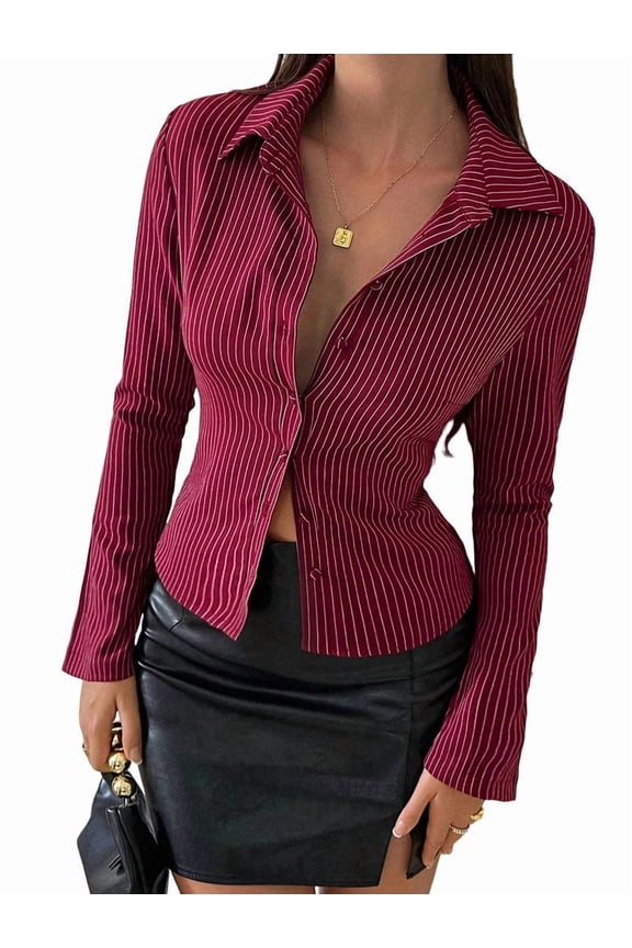 Women'S Striped Button Down Slim Fit Shirt Long Sleeve Collar Blouse Tops Wine Red L
