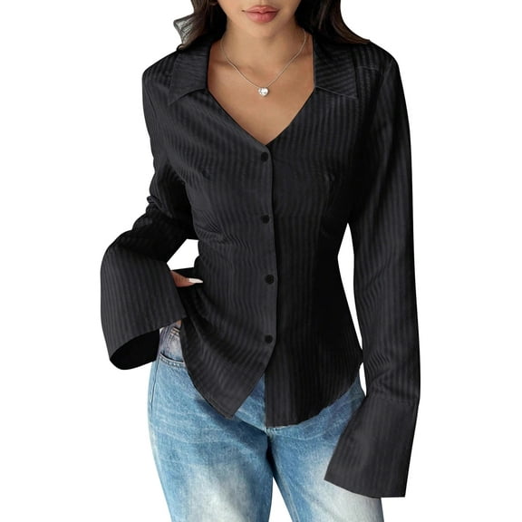 Women'S Striped Button Down Slim Fit Shirt Long Sleeve Collar Work Blouse Tops Black M