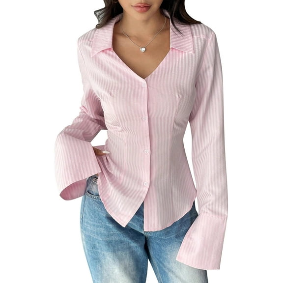 Women'S Striped Button Down Slim Fit Shirt Long Sleeve Collar Work Blouse Tops Pink L