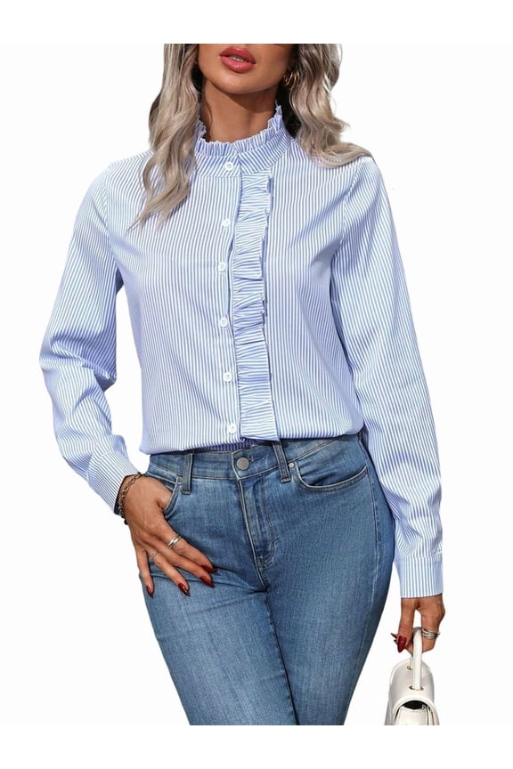 Women'S Striped Button Front Shirts Mock Neck Long Sleeve Office Blouse Tops Blue XL