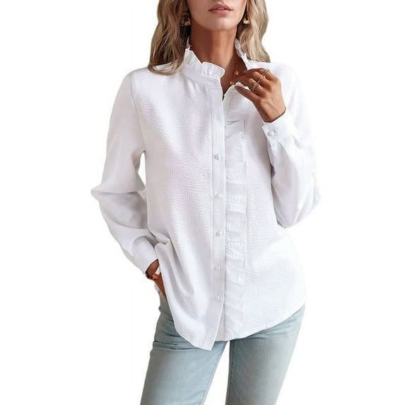 Women'S Striped Button Front Shirts Mock Neck Long Sleeve Office Blouse Tops White XL