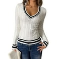 thumbnail image 1 of Women'S Striped Cable Knit Preppy Sweater Tops V Neck Long Sleeve Pullovers Slim Fit Knitwear White XL, 1 of 9