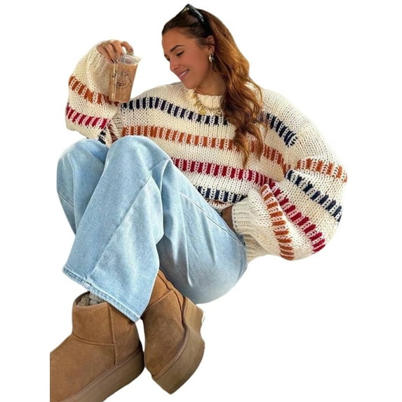 Women'S Striped Color Block Long Sleeve Oversized Sweater Top Fall Casual Chunky Knit Sweater Color L