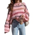 thumbnail image 1 of Women'S Striped Color Block Long Sleeve Oversized Sweater Top Fall Casual Chunky Knit Sweater Pink L, 1 of 6