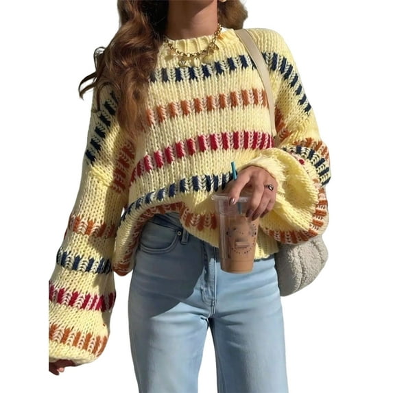 Women'S Striped Color Block Long Sleeve Oversized Sweater Top Fall Casual Chunky Knit Sweater Yellow S