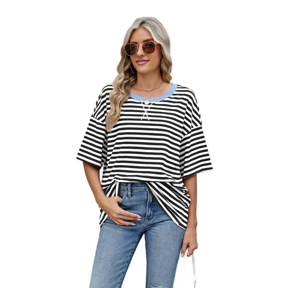 Women'S Striped Color Clash Loose Short Sleeve Top Black and White L