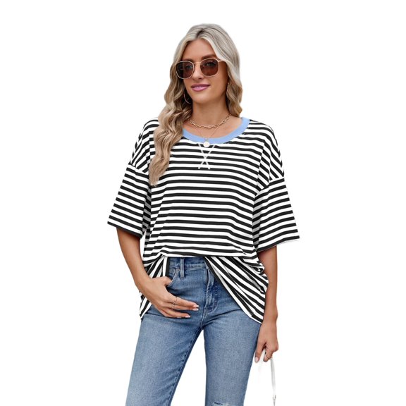 Women'S Striped Color Clash Loose Short Sleeve Top Black and White XXL