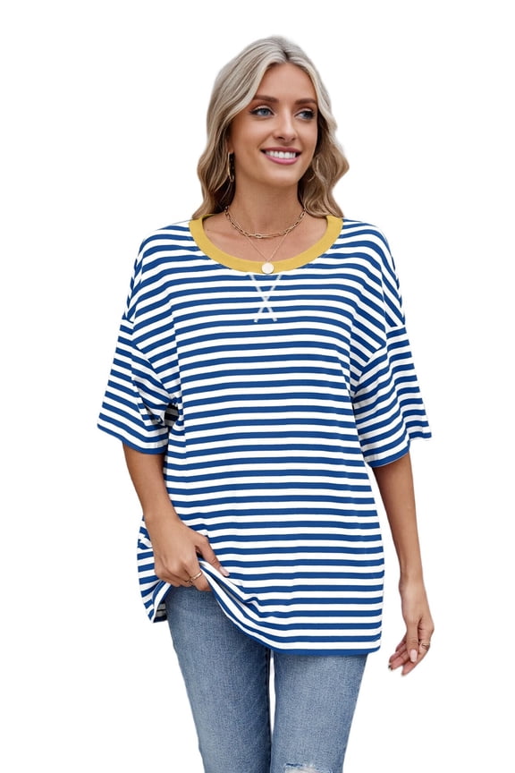 Women'S Striped Color Clash Loose Short Sleeve Top Blue and White L