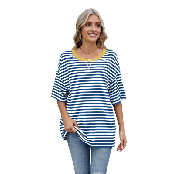 Women'S Striped Color Clash Loose Short Sleeve Top Blue and White M