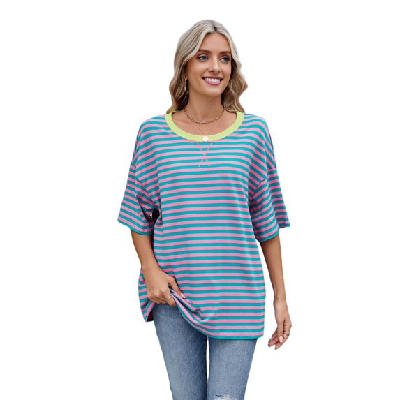 Women'S Striped Color Clash Loose Short Sleeve Top Green and Pink XL