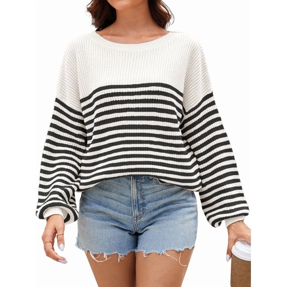 Women'S Striped Colorblock Knitted Sweater Long Sleeve Round Neck Fashion Oversized Sweater Black XL