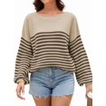 thumbnail image 1 of Women'S Striped Colorblock Knitted Sweater Long Sleeve Round Neck Fashion Oversized Sweater Coffee Color L, 1 of 7