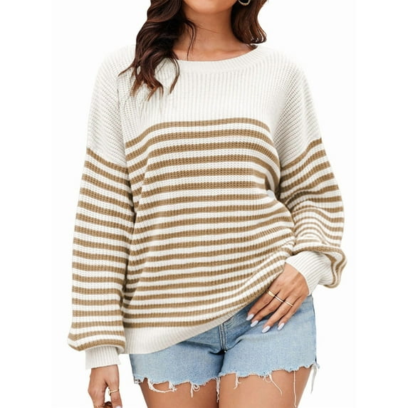 Women'S Striped Colorblock Knitted Sweater Long Sleeve Round Neck Fashion Oversized Sweater Khaki XL