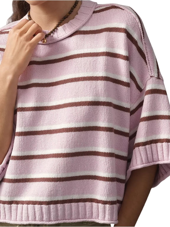Women'S Striped Crew Neck Drop Shoulder Short Sleeve Cropped Knit Sweater Pink M