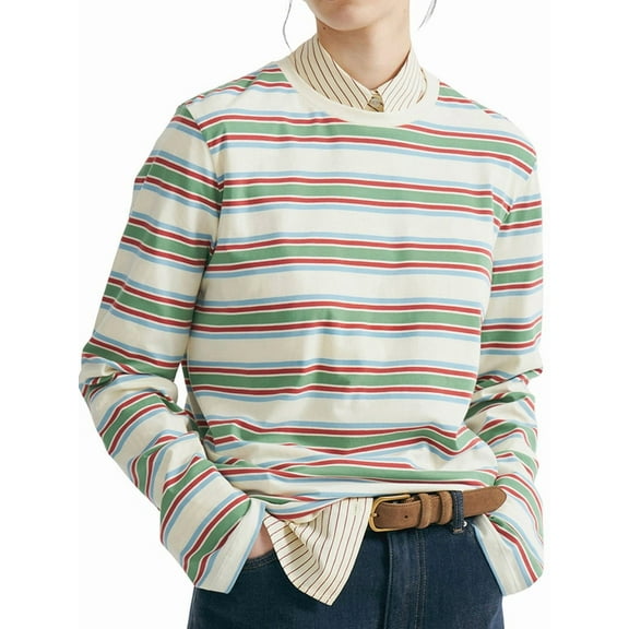 Women'S Striped Crew Neck Sweatshirt Long Sleeve Color Block Pullover Casual Loose Sports Shirt Green Spelling Red S