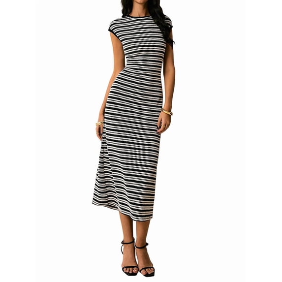Women'S Striped Dress Crewneck Cap Sleeve Bodycon Knit Summer Midi Dresses Black L