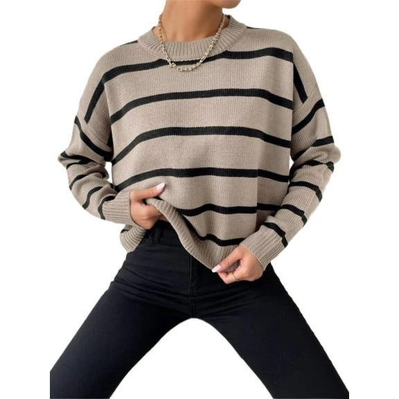 Women'S Striped Drop Shoulder Sweater Oversized Crew Neck Knit Sweaters Pullover Top Khaki L