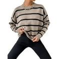 thumbnail image 1 of Women'S Striped Drop Shoulder Sweater Oversized Crew Neck Knit Sweaters Pullover Top Khaki S, 1 of 9