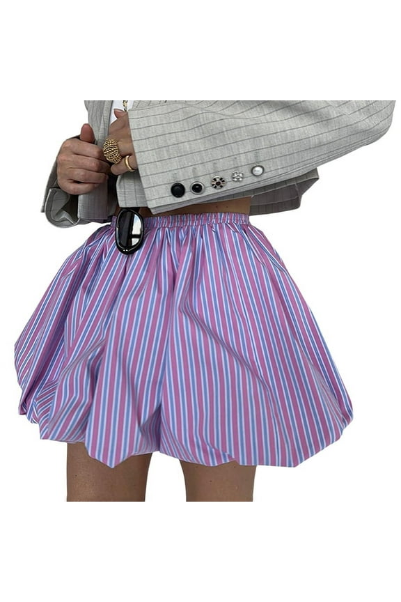 Women'S Striped Elastic Waist Bubble Skirt Flared A Line Mini Puffy Skirts Pink S