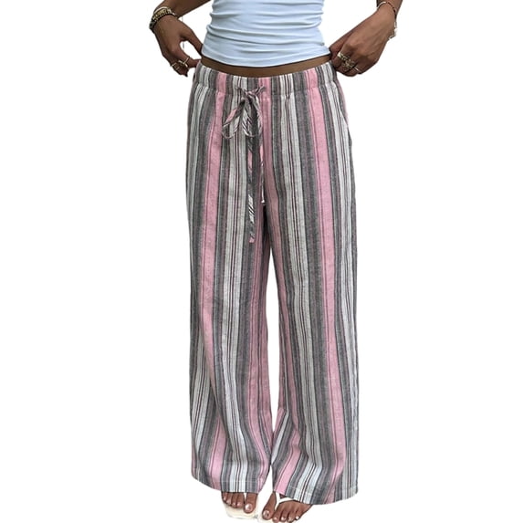 Women'S Striped Elastic Waist Drawstring Loose Wide Leg Floor Length Casual Pants Gray Striped XL