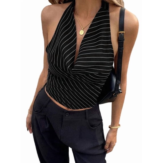 Women'S Striped Halter Tops Tie Backless Open Back Draped Front Crop Tank Top Black L