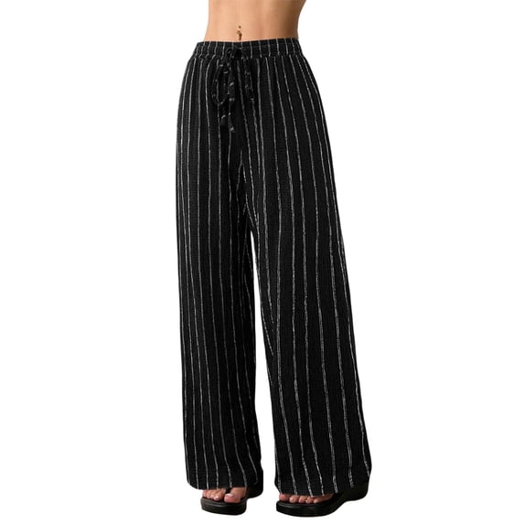 Women'S Striped High Waist Drawstring Wide Leg Loose Casual Trousers with Pockets Black L