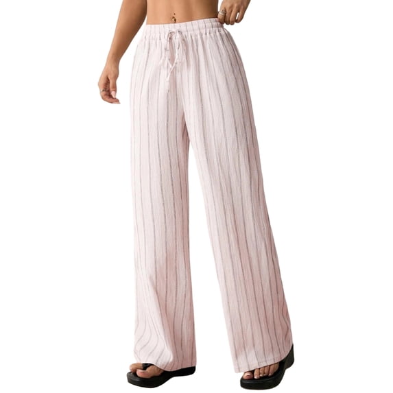 Women'S Striped High Waist Drawstring Wide Leg Loose Casual Trousers with Pockets Pink XS