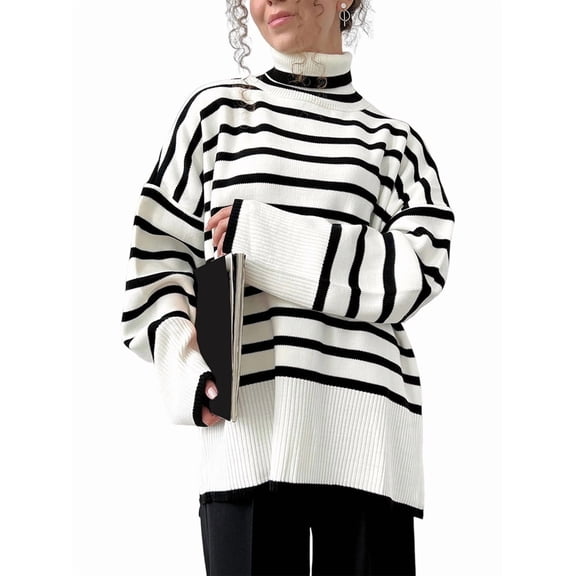 Women'S Striped Highneck Pullover Sweater All-Match Loose Sweater