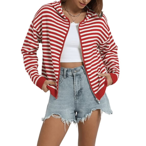 Women'S Striped Hooded Zip Up Loose Knit Cardigan Red L