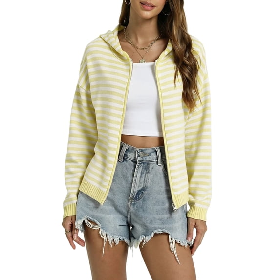 Women'S Striped Hooded Zip Up Loose Knit Cardigan Yellow M