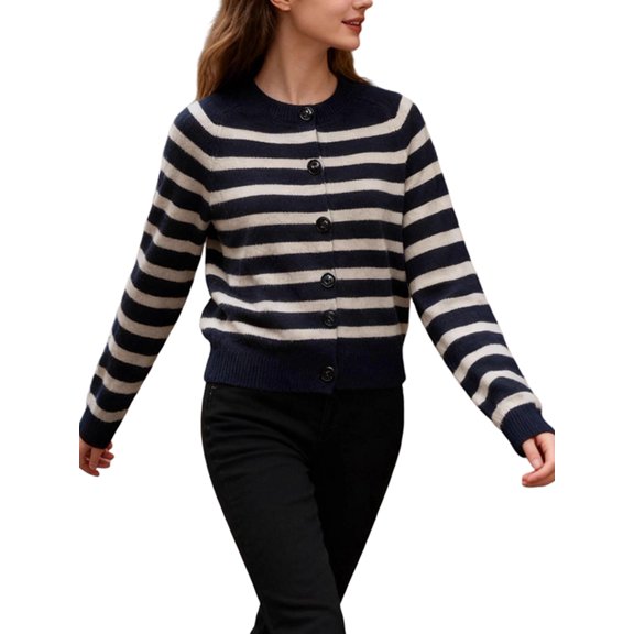 Women'S Striped Knit Cardigan Sweater O Neck Long Sleeve Full Button Front Vintage Style Autumn Short Length Navy Blue M