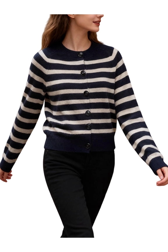 Women'S Striped Knit Cardigan Sweater O Neck Long Sleeve Full Button Front Vintage Style Autumn Short Length Navy Blue M
