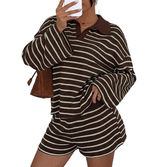 Women'S Striped Knit Collared Long Sleeve Top and Shorts Two-Piece Outfit Set Brown L