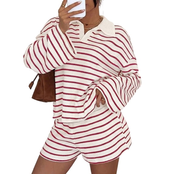 Women'S Striped Knit Collared Long Sleeve Top and Shorts Two-Piece Outfit Set Red L