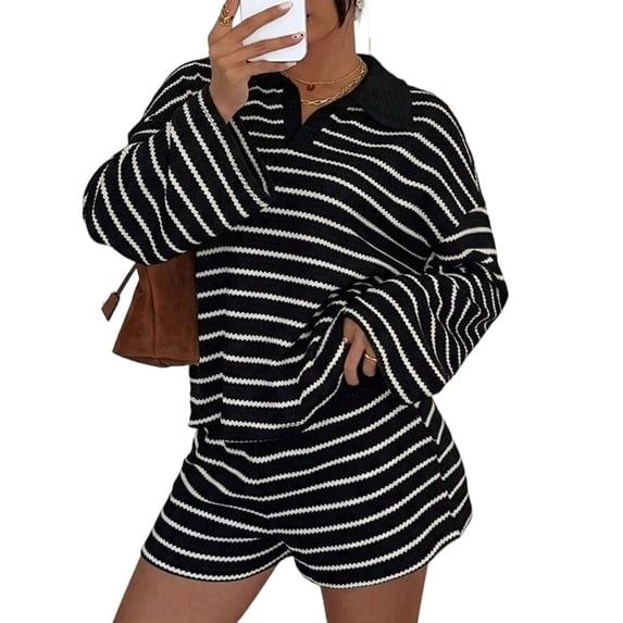 Women'S Striped Knit Collared Long Sleeve Top and Shorts Two-Piece Outfit Set
