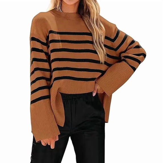 Women'S Striped Knit Oversized Fall 2025 Trendy Clothes Crewneck Winter Pullover Sweater Side Split Dark Brown L