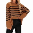 thumbnail image 1 of Women'S Striped Knit Oversized Fall 2025 Trendy Clothes Crewneck Winter Pullover Sweater Side Split Dark Brown M, 1 of 4