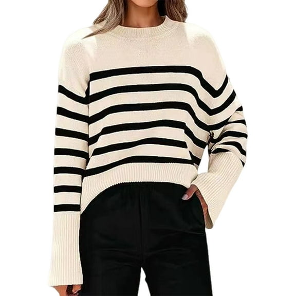Women'S Striped Knit Oversized Fall Sweaters 2025 Trendy Clothes Crewneck Winter Pullover Sweater Side Split Apricot L