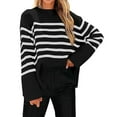 thumbnail image 1 of Women'S Striped Knit Oversized Fall Sweaters 2025 Trendy Clothes Crewneck Winter Pullover Sweater Side Split Black S, 1 of 4