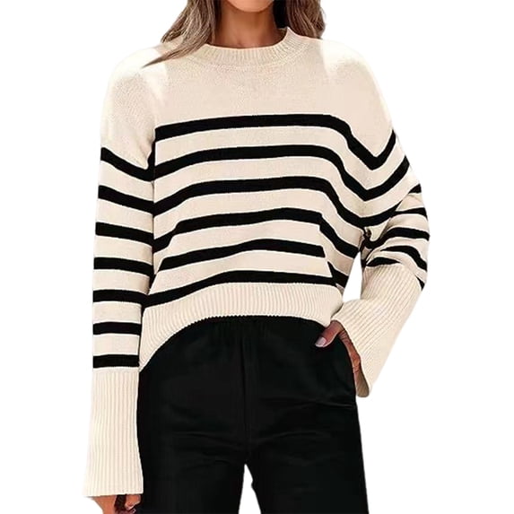 Women'S Striped Knit Oversized Fall Sweaters 2025 Trendy Clothes Crewneck Winter Pullover Sweater Side Split XL