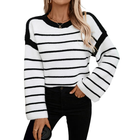 Women'S Striped Knit Oversized Fall Sweaters Trendy Clothes Crewneck Winter Pullover Sweater Black M