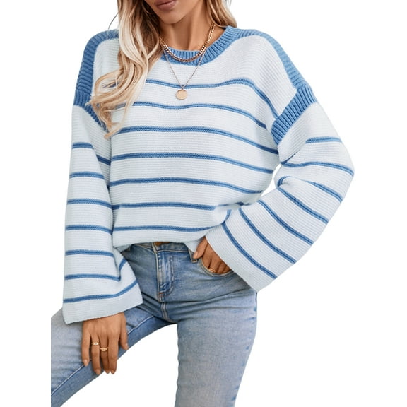 Women'S Striped Knit Oversized Fall Sweaters Trendy Clothes Crewneck Winter Pullover Sweater Blue M